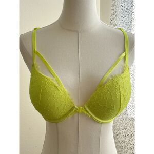 Victoria’s Secret Very Sexy Bra 34C Neon Yellow Lace Strappy Push Up Front Close
